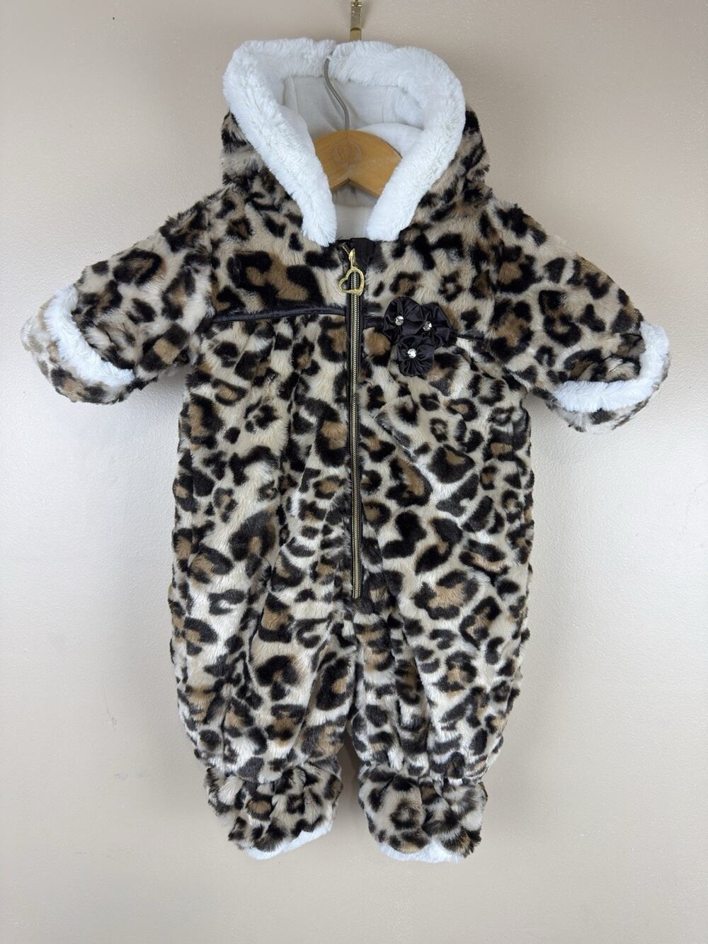 Pistachio Baby Girls Leopard Print Faux Fur Snow Suit 3-6 Months Winter Snowsuit